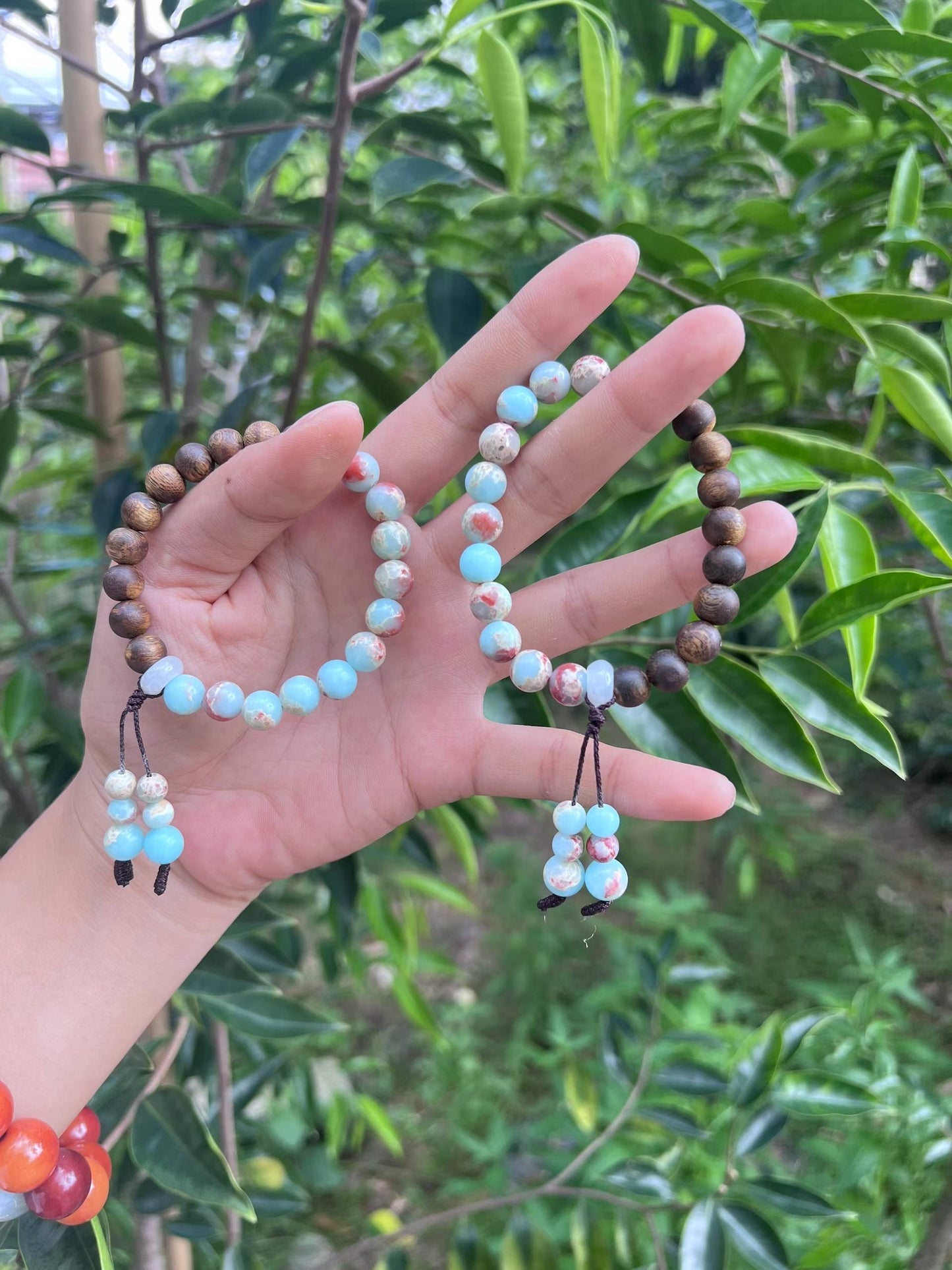 Women's bracelet Agarwood natural buddhist beads 8mm with blue Shoushan stone bracelet cry stone