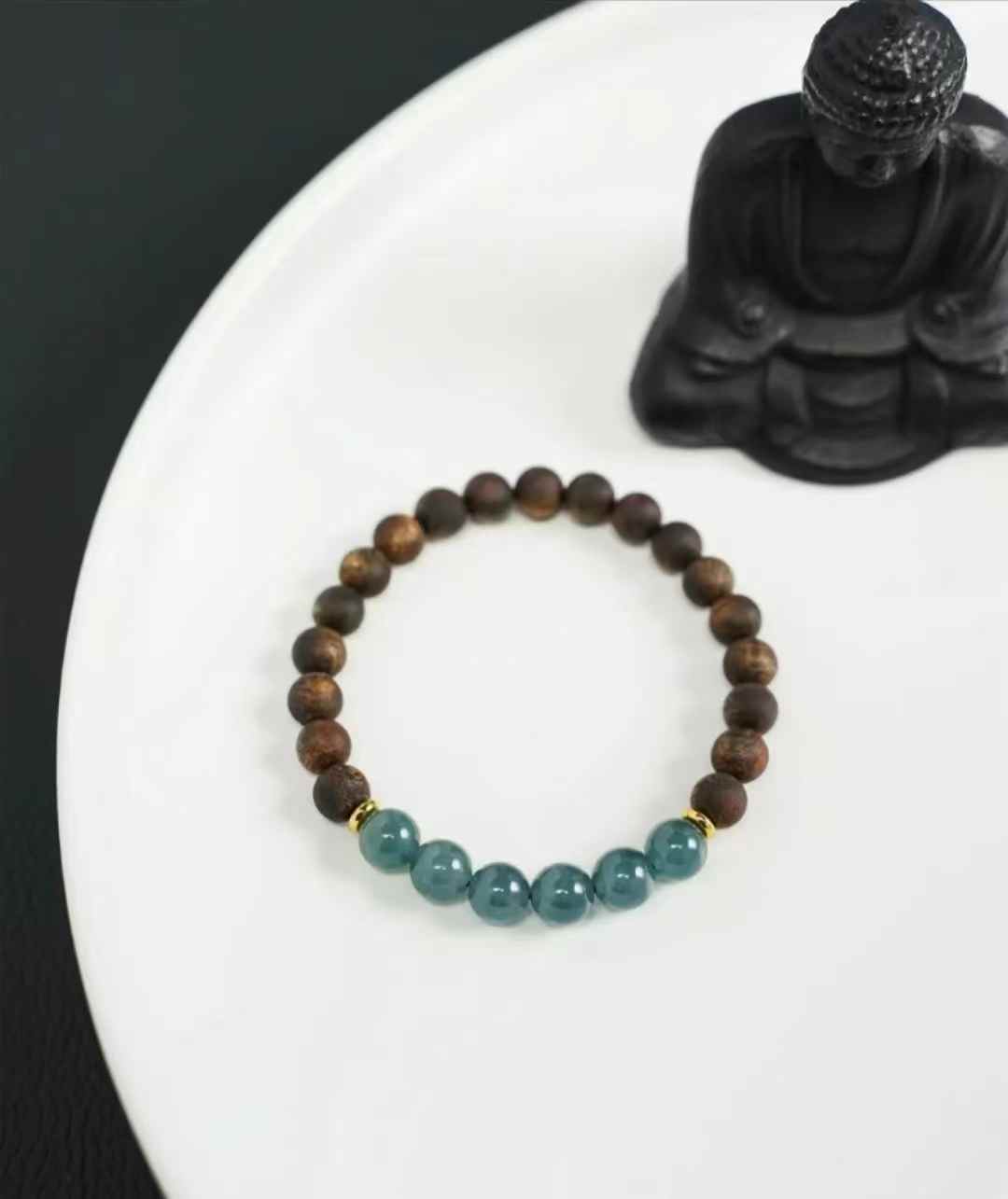 Natural Kynam Agarwood paired with blue water jade single-ring bracelet