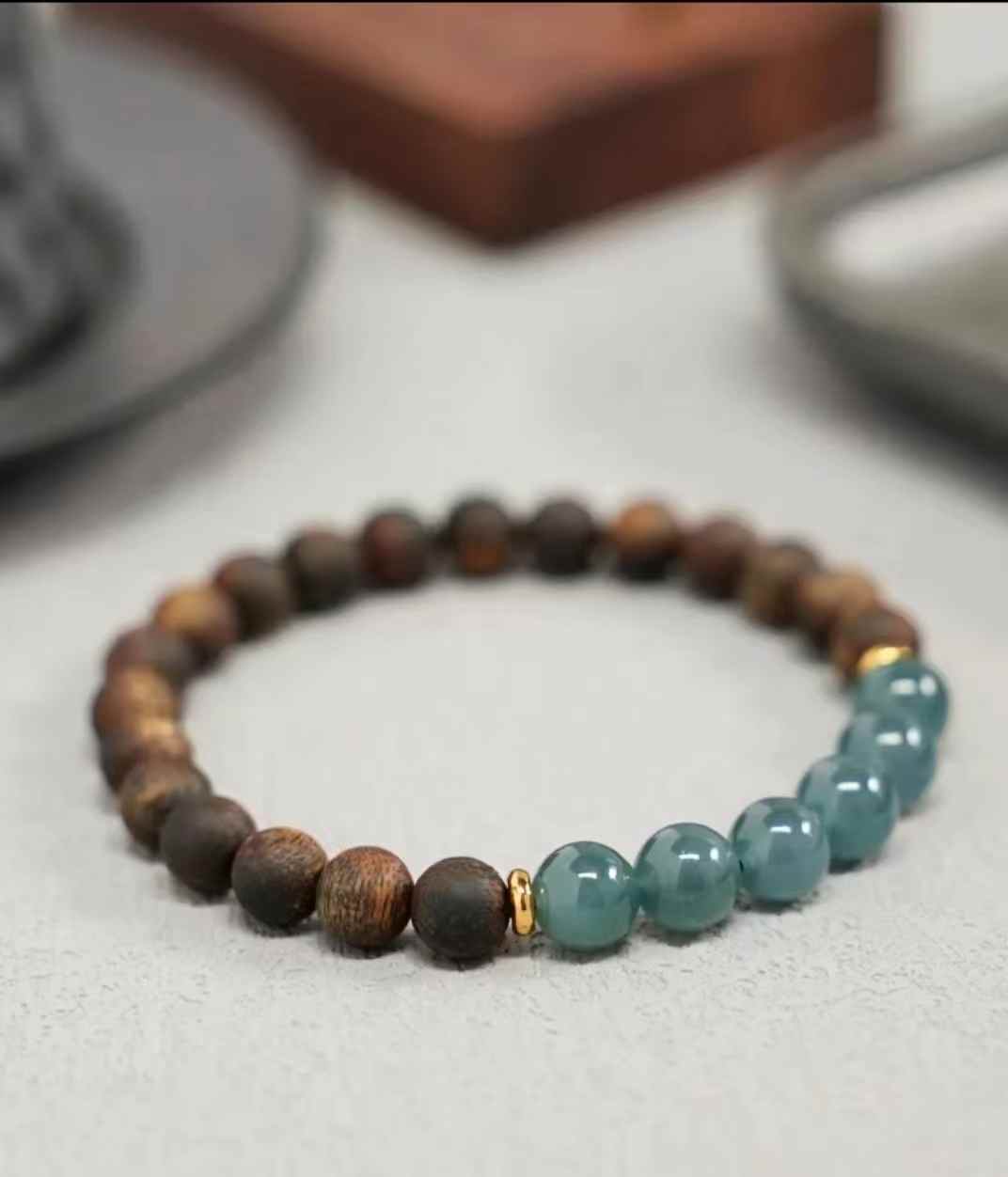Natural Kynam Agarwood paired with blue water jade single-ring bracelet