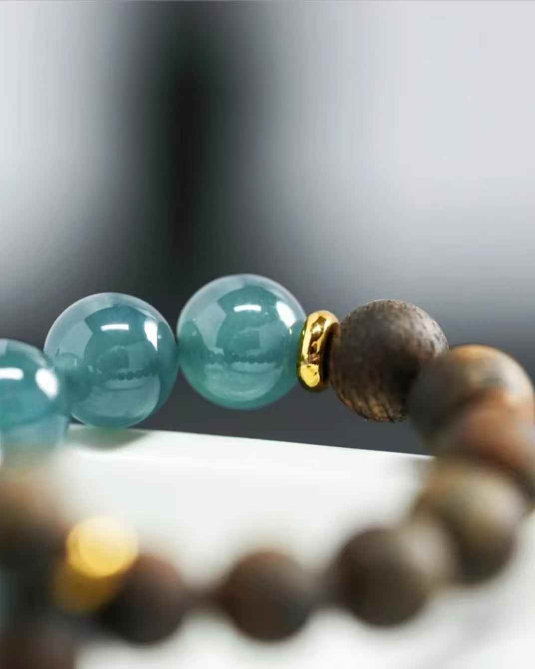 Natural Kynam Agarwood paired with blue water jade single-ring bracelet