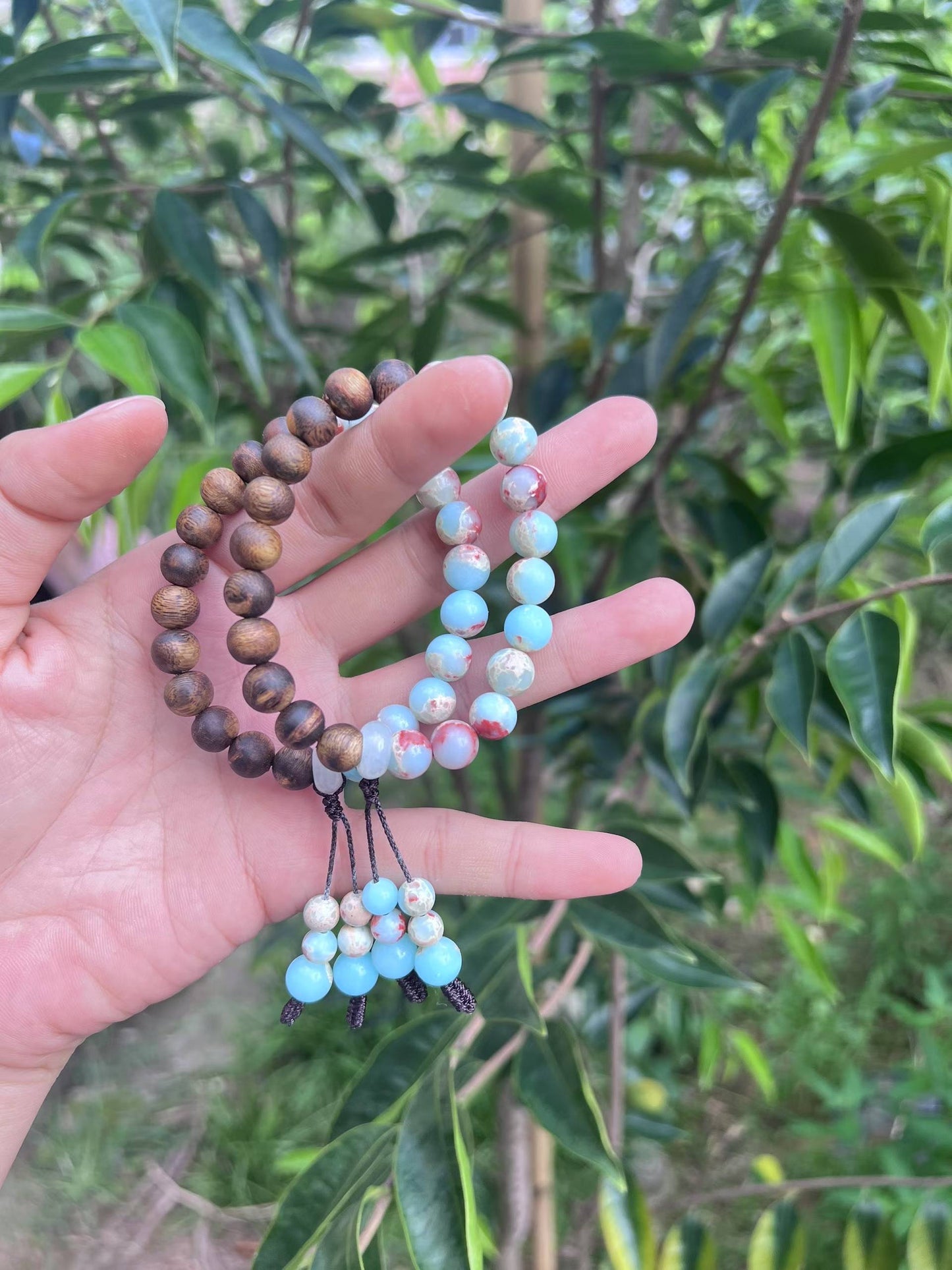 Women's bracelet Agarwood natural buddhist beads 8mm with blue Shoushan stone bracelet cry stone
