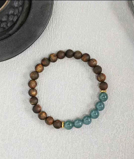 Natural Kynam Agarwood paired with blue water jade single-ring bracelet