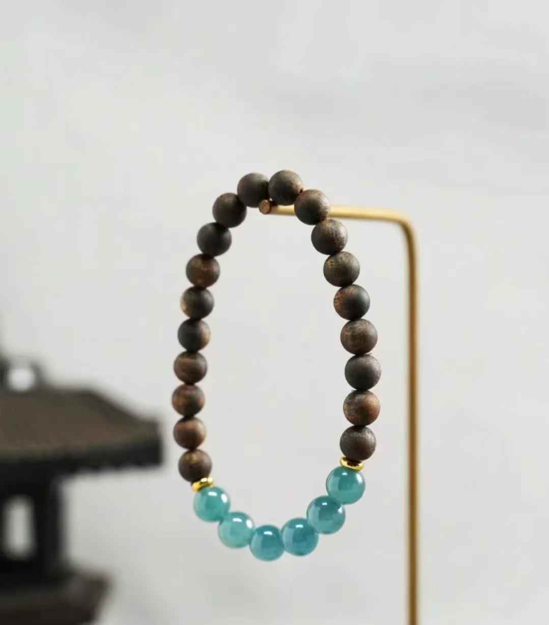 Natural Kynam Agarwood paired with blue water jade single-ring bracelet